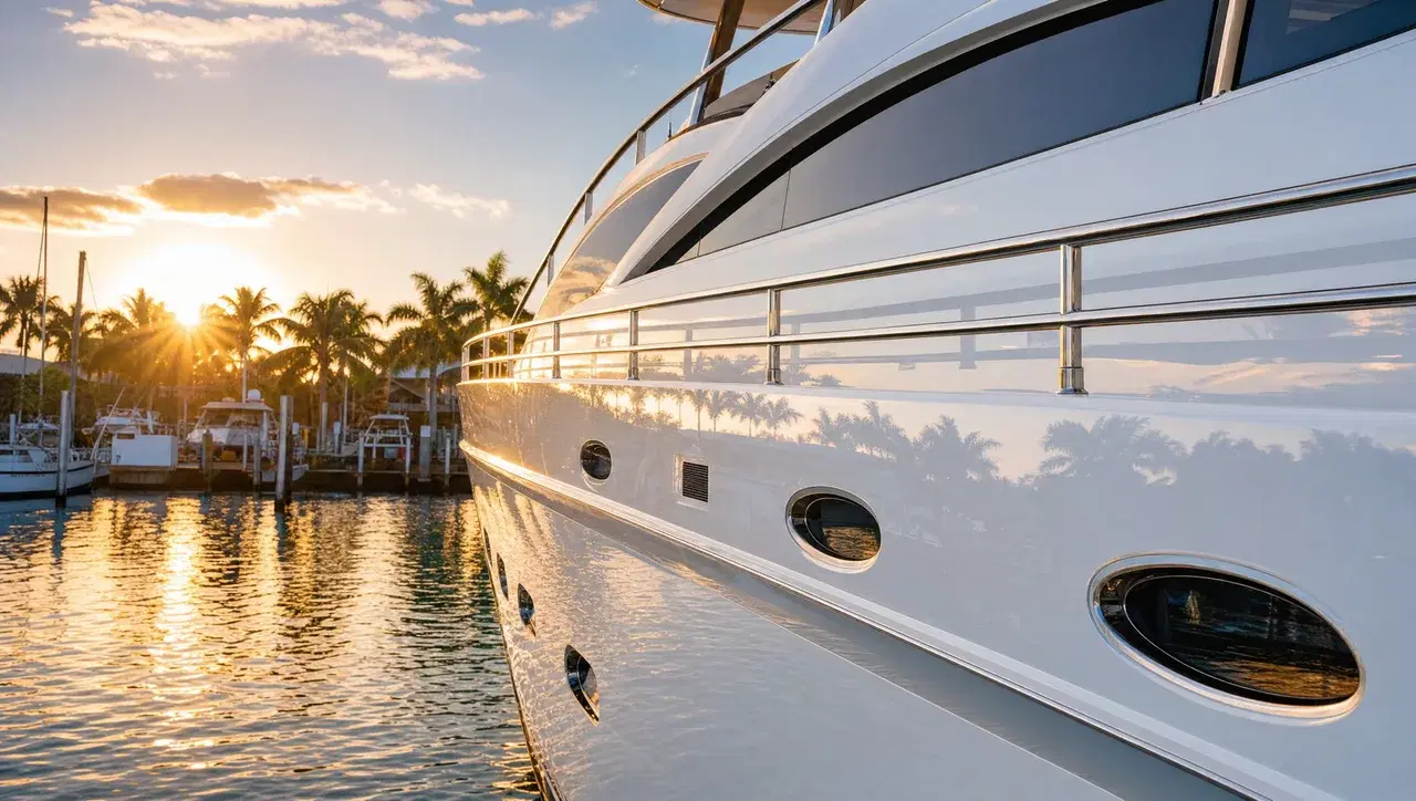 Yacht moored at a Miami Beach marina with the city skyline behind it