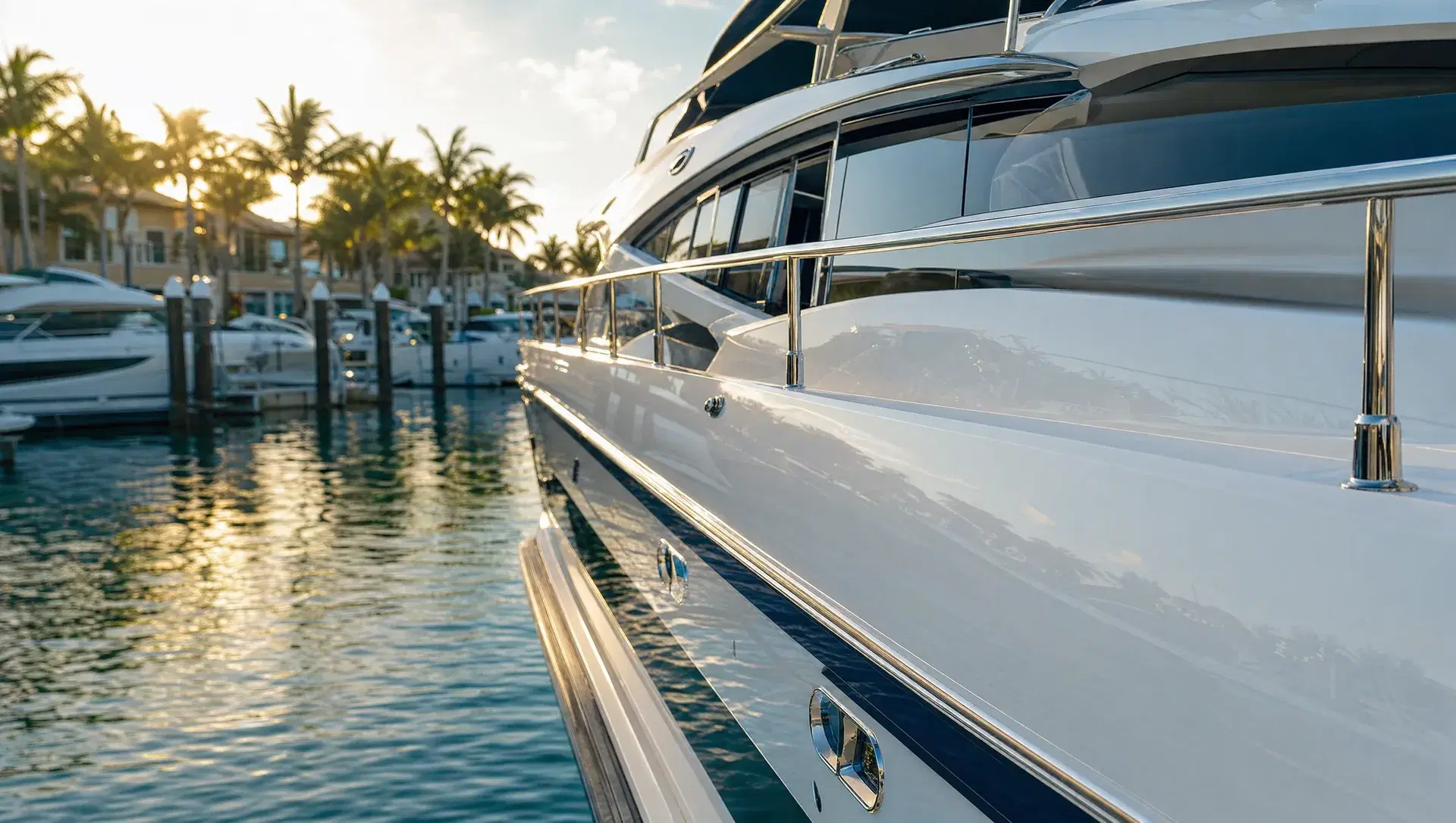 # Alt Text
Luxurious white yacht moored at wooden dock with stainless steel railings, large curved windows, open deck door,…