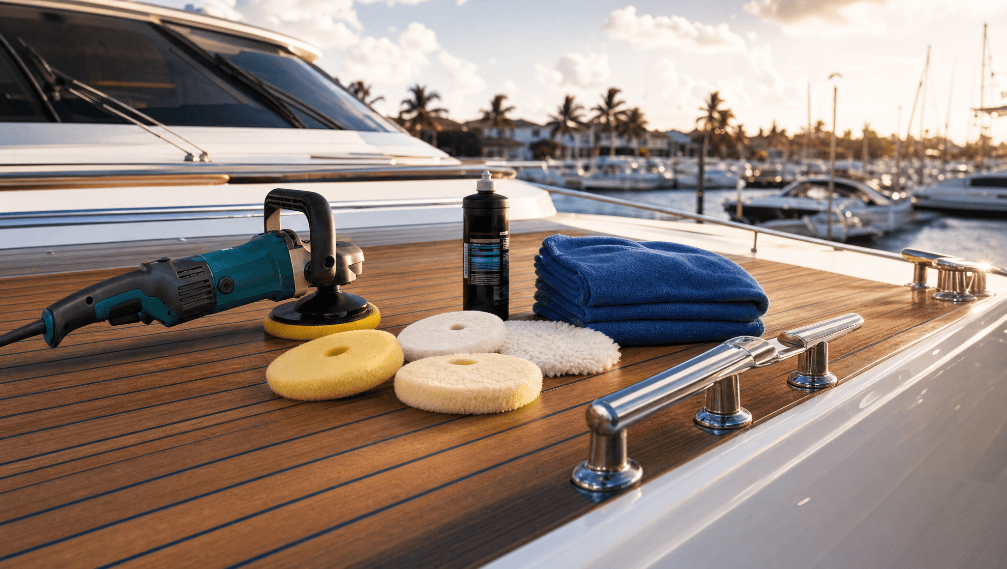 Professional yacht detailing tools — Makita rotary, Lake Country pads, 3M Perfect-It compound — laid out on a polished teak deck at golden hour