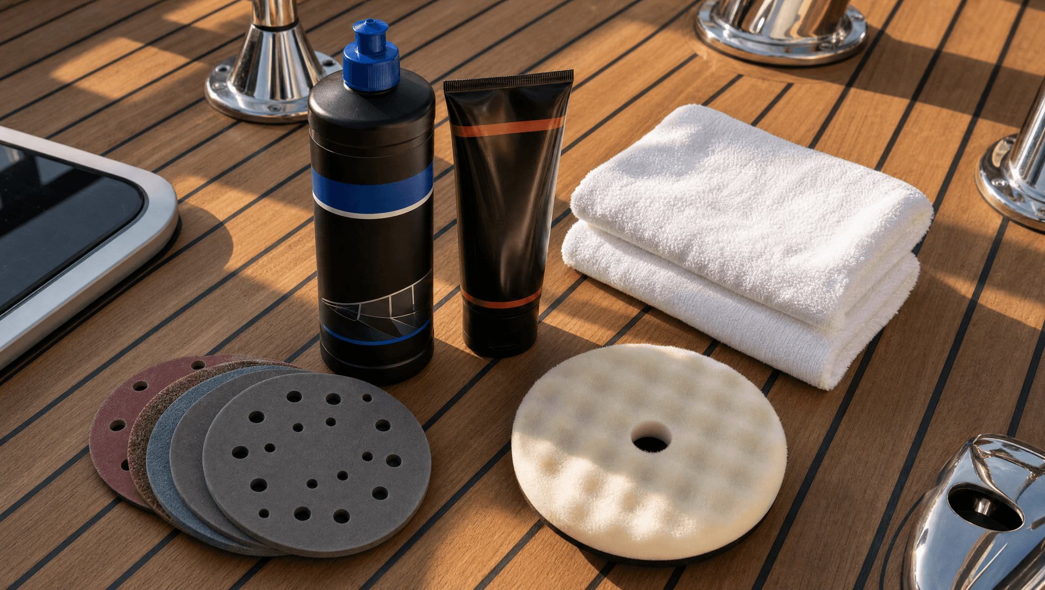 Flat-lay of professional yacht detailing products on a polished teak deck — 3M Perfect-It Marine Compound, Menzerna polish, Mirka Abralon sanding discs, microfiber towels, foam pad